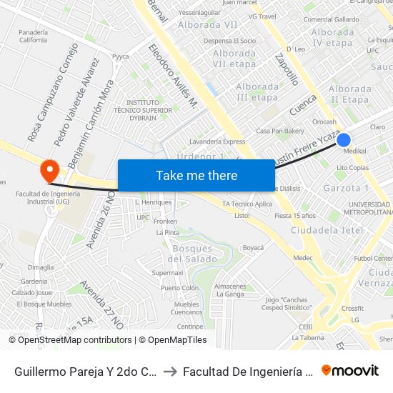 Guillermo Pareja Y  2do Callejon 15e N-E to Facultad De Ingeniería Industrial (Ug) map