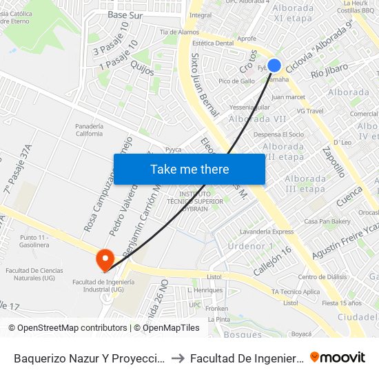 Baquerizo Nazur   Y  Proyeccion 1er Callejon 18 NE to Facultad De Ingeniería Industrial (Ug) map