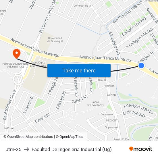 Jtm-25 to Facultad De Ingeniería Industrial (Ug) map