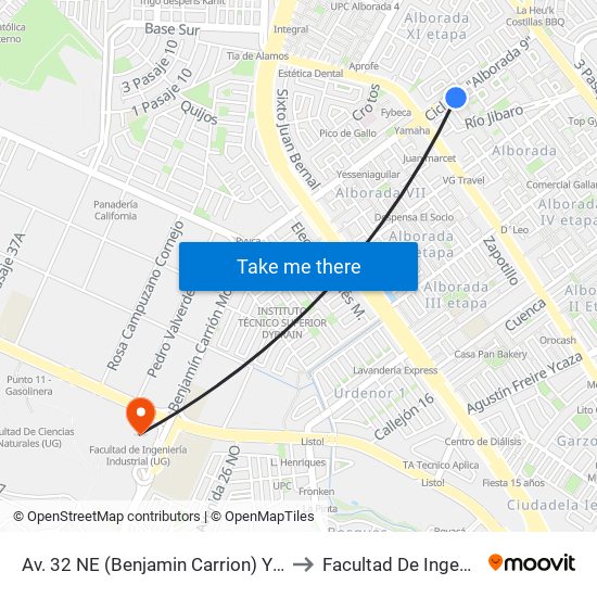 Av. 32 NE (Benjamin Carrion) Y 4to Retorno 18 NE (Rio Jibaro) to Facultad De Ingeniería Industrial (Ug) map