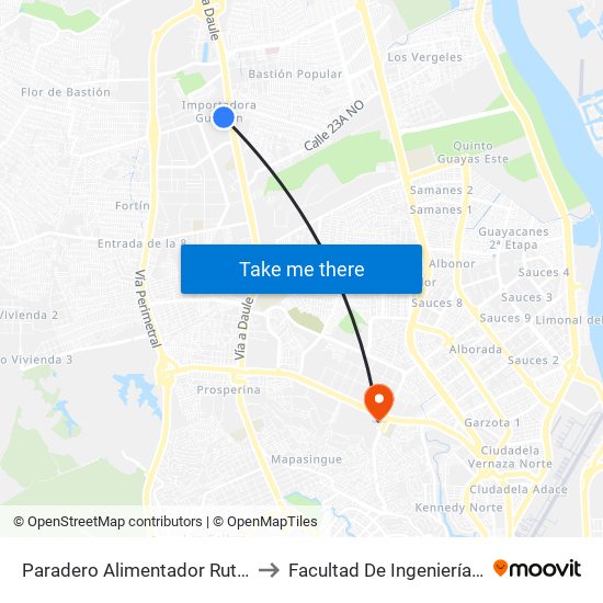 Paradero Alimentador Ruta Flor De Bastión to Facultad De Ingeniería Industrial (Ug) map