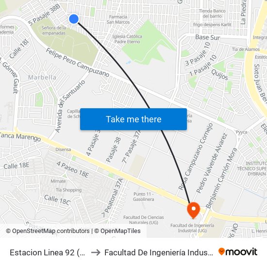 Estacion Linea 92 (Salida) to Facultad De Ingeniería Industrial (Ug) map