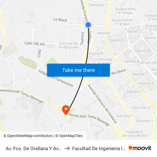 Av. Fco. De Orellana  Y  Av. José Tamayo to Facultad De Ingeniería Industrial (Ug) map