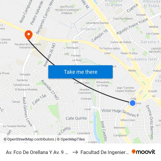 Av. Fco De Orellana  Y  Av. 9 No (Miguel H. Alcivar) to Facultad De Ingeniería Industrial (Ug) map