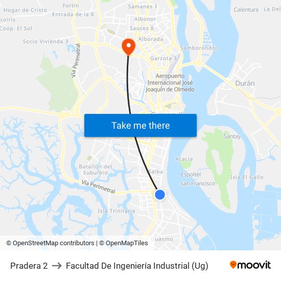 Pradera 2 to Facultad De Ingeniería Industrial (Ug) map