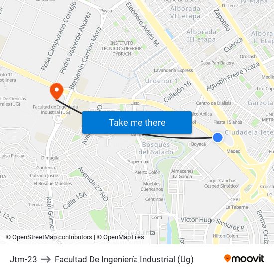 Jtm-23 to Facultad De Ingeniería Industrial (Ug) map