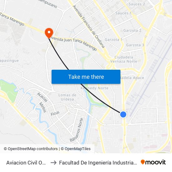 Aviacion Civil Oeste to Facultad De Ingeniería Industrial (Ug) map