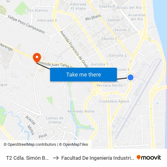T2 Cdla. Simón Bolívar to Facultad De Ingeniería Industrial (Ug) map