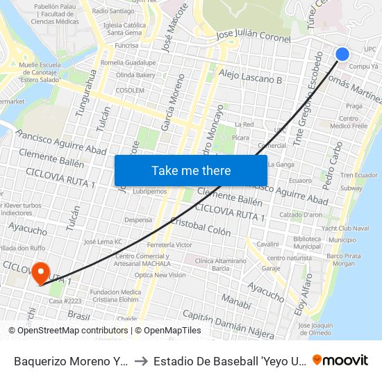 Baquerizo Moreno Y Loja to Estadio De Baseball 'Yeyo Uraga"" map