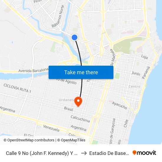Calle 9 No (John F. Kennedy) Y Av. 10 No (Fortunato Safadi) to Estadio De Baseball 'Yeyo Uraga"" map