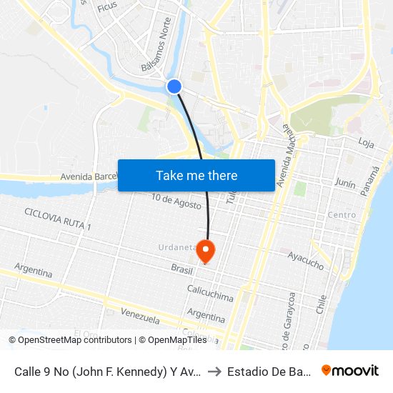 Calle 9 No (John F. Kennedy) Y Av. 10 No (Fortunato Safadi) (Guayarte) to Estadio De Baseball 'Yeyo Uraga"" map