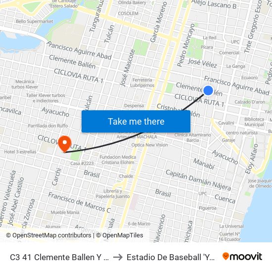 C3 41 Clemente Ballen Y Rumichaca to Estadio De Baseball 'Yeyo Uraga"" map
