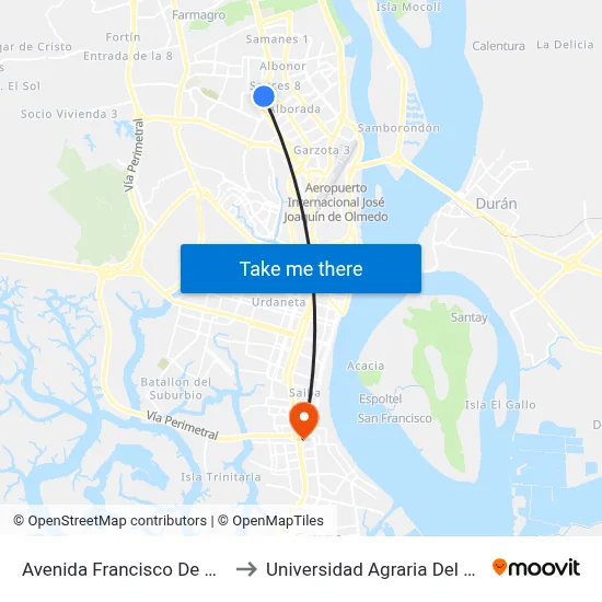 Avenida Francisco De Orellana to Universidad Agraria Del Ecuador map