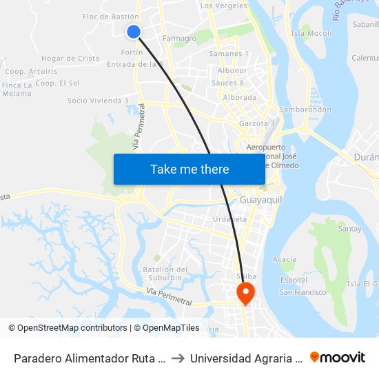 Paradero Alimentador Ruta Flor De Bastión to Universidad Agraria Del Ecuador map