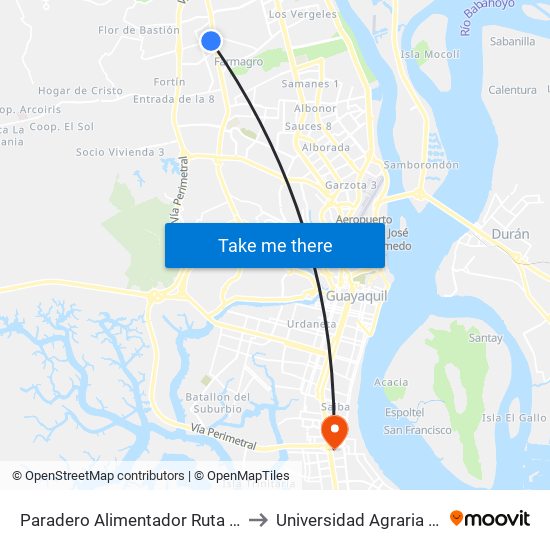 Paradero Alimentador Ruta Flor De Bastión to Universidad Agraria Del Ecuador map