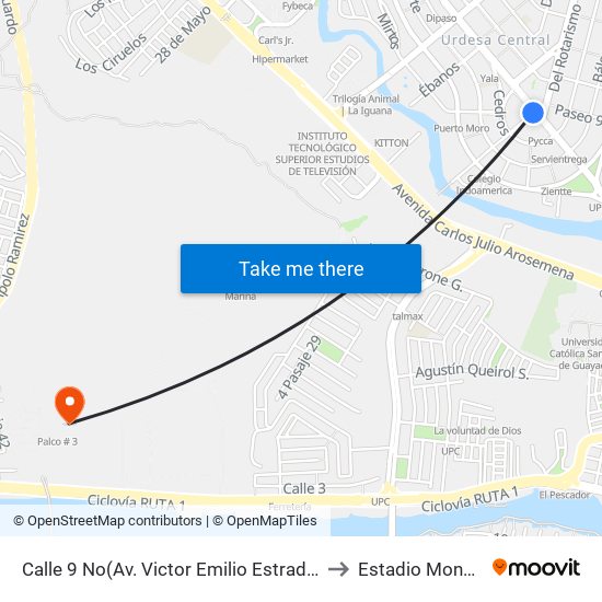 Calle 9 No(Av. Victor Emilio Estrada) Y Av. 26 No (Todos Los Santos) (Iglesia La Redonda) to Estadio Monumental Banco Pichincha map