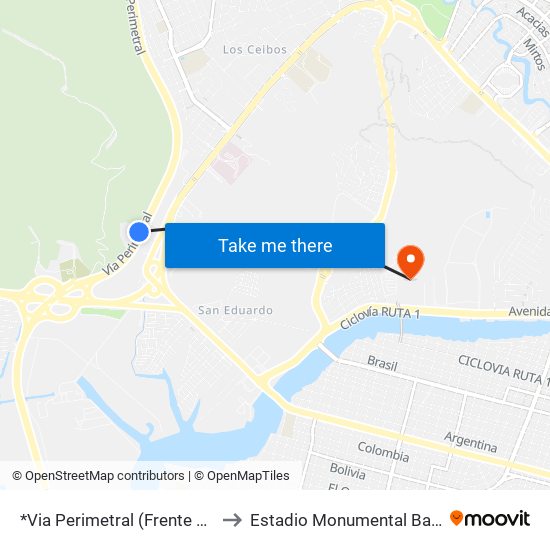 *Via Perimetral (Frente U. Del Pacífico) to Estadio Monumental Banco Pichincha map