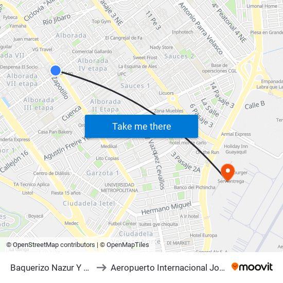 Baquerizo Nazur  Y Jose Maria Egas to Aeropuerto Internacional José Joaquín De Olmedo map