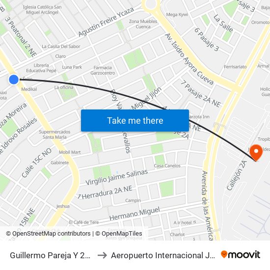 Guillermo Pareja Y  2do Callejon 15e N-E to Aeropuerto Internacional José Joaquín De Olmedo map