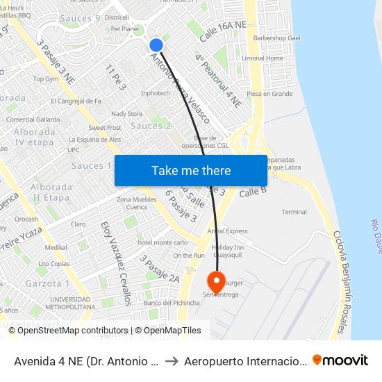 Avenida 4 NE (Dr. Antonio Parra Velasco) Y 4to Callejon 16a to Aeropuerto Internacional José Joaquín De Olmedo map