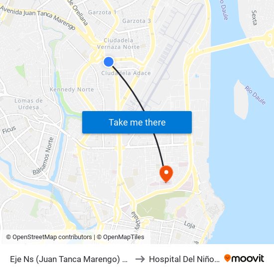 Eje Ns (Juan Tanca Marengo) Y 1er Callejon 13 NE (Calle Primera) to Hospital Del Niño Dr. Roberto Gilbert E map