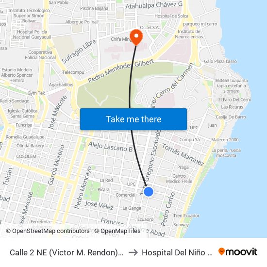 Calle 2 NE (Victor M. Rendon)  Y Av. 8 NE  (Baquerizo Moreno) to Hospital Del Niño Dr. Roberto Gilbert E map
