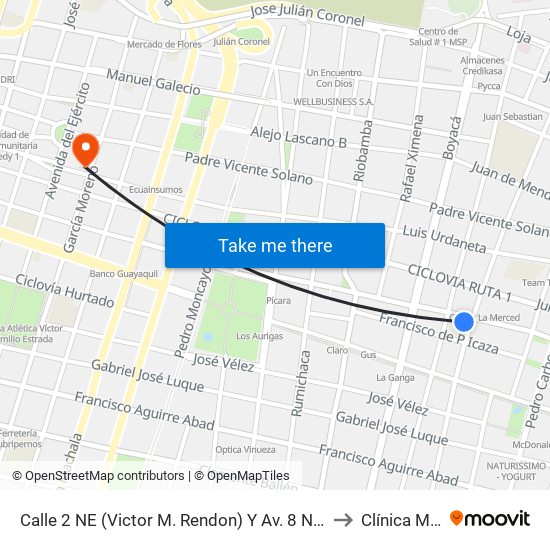 Calle 2 NE (Victor M. Rendon)  Y Av. 8 NE  (Baquerizo Moreno) to Clínica Moderna map