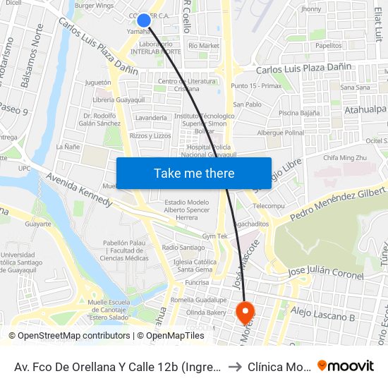 Av. Fco De Orellana  Y  Calle 12b (Ingreso Urb. Garzas) to Clínica Moderna map