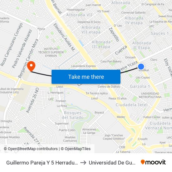 Guillermo Pareja Y  5 Herradura 2 N-E to Universidad De Guayaquil map