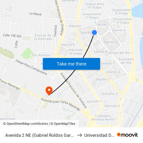 Avenida 2 NE (Gabriel Roldos Garces) Y 9no Pasaje 3a NE to Universidad De Guayaquil map
