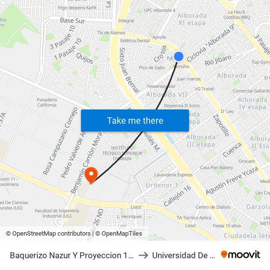 Baquerizo Nazur   Y  Proyeccion 1er Callejon 18 NE to Universidad De Guayaquil map