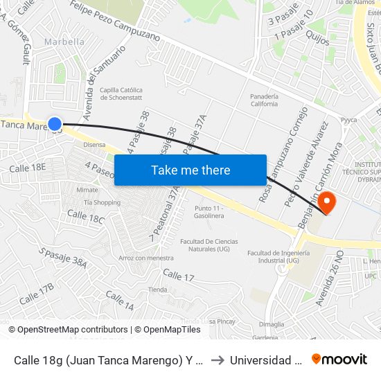 Calle 18g (Juan Tanca Marengo) Y Av 38c No (Av. Gomez Gault) to Universidad De Guayaquil map