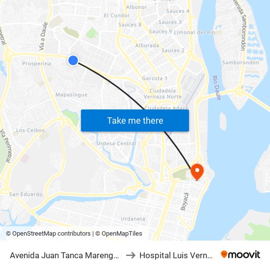 Avenida Juan Tanca Marengo, 1 to Hospital Luis Vernaza map