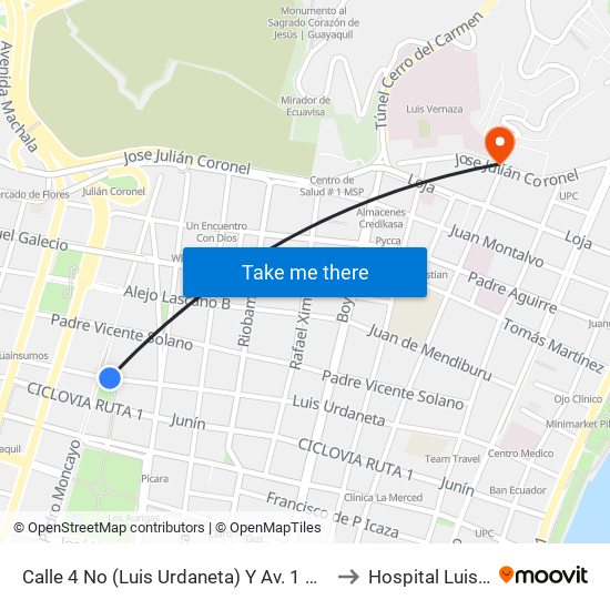 Calle 4 No (Luis Urdaneta) Y Av. 1 No (Pedro Moncayo) to Hospital Luis Vernaza map