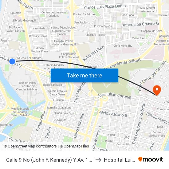 Calle 9 No (John F. Kennedy) Y Av. 10 No (Fortunato Safadi) to Hospital Luis Vernaza map