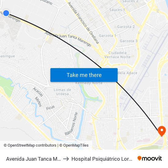 Avenida Juan Tanca Marengo, 1 to Hospital Psiquiátrico Lorenzo Ponce map