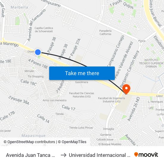 Avenida Juan Tanca Marengo, 1 to Universidad Internacional Del Ecuador map