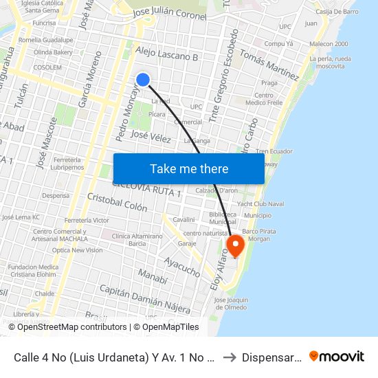 Calle 4 No (Luis Urdaneta) Y Av. 1 No (Pedro Moncayo) to Dispensario Iess map