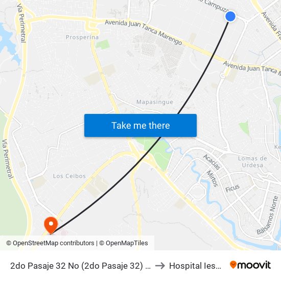 2do Pasaje 32 No (2do Pasaje 32) Y Calle 18j No (Felipe Pezo) to Hospital Iess Los Ceibos map