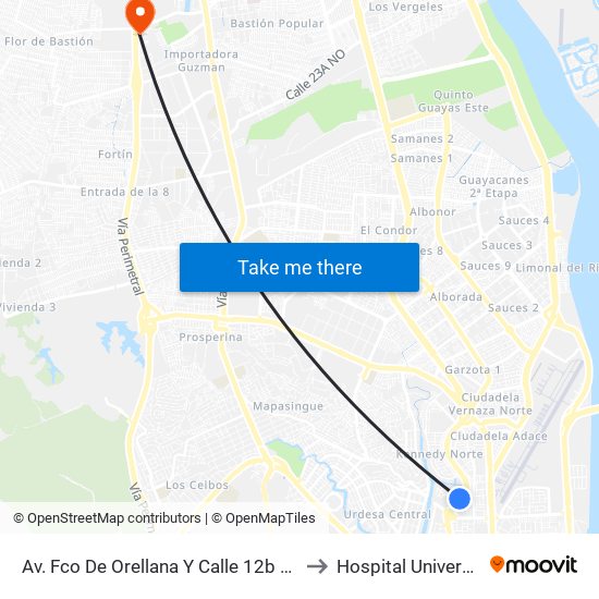 Av. Fco De Orellana  Y  Calle 12b (Ingreso Urb. Garzas) to Hospital Universitario - Msp map