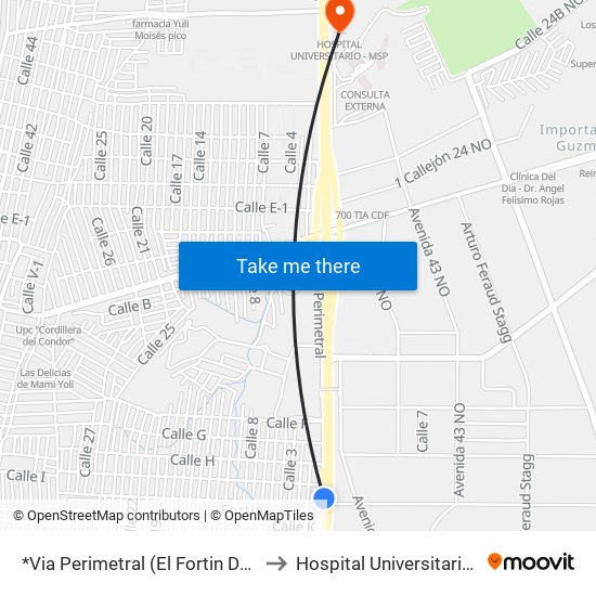 *Via Perimetral (El Fortin De La Flor) to Hospital Universitario - Msp map