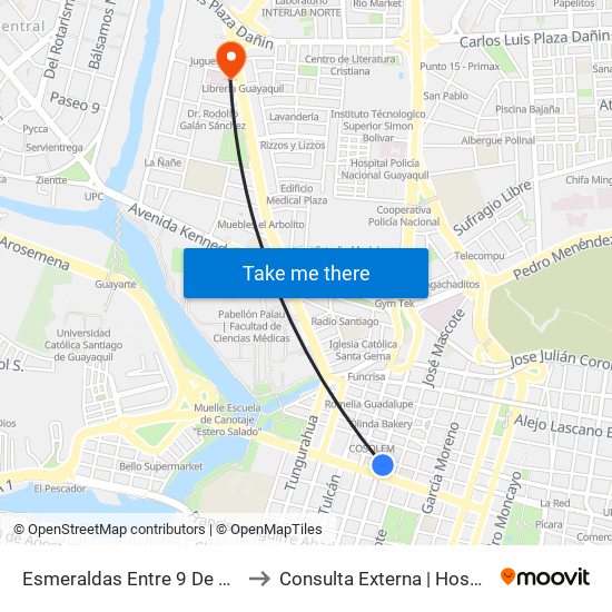 Esmeraldas Entre 9 De Octubre Y 1 De Mayo to Consulta Externa | Hospital Clínica Kennedy map