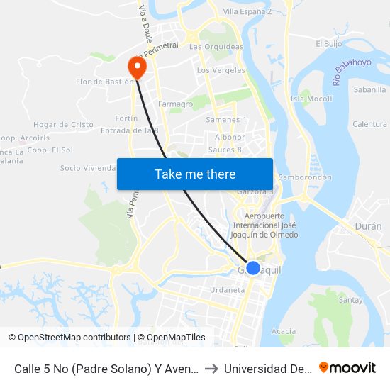 Calle 5 No (Padre Solano) Y  Avenida 2 No (Antepara) to Universidad De Guayaquil map