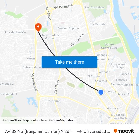 Av. 32 No (Benjamin Carrion) Y 2do. Retorno 18 No (Palmanes) to Universidad De Guayaquil map