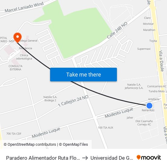 Paradero Alimentador Ruta Flor De Bastión to Universidad De Guayaquil map