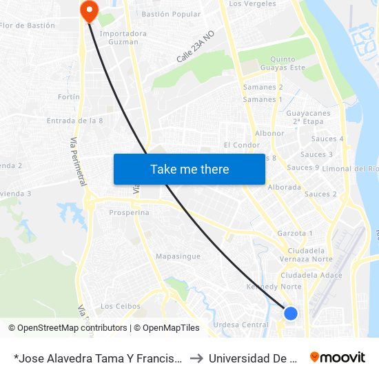 *Jose Alavedra Tama Y Francisco De Orellana to Universidad De Guayaquil map