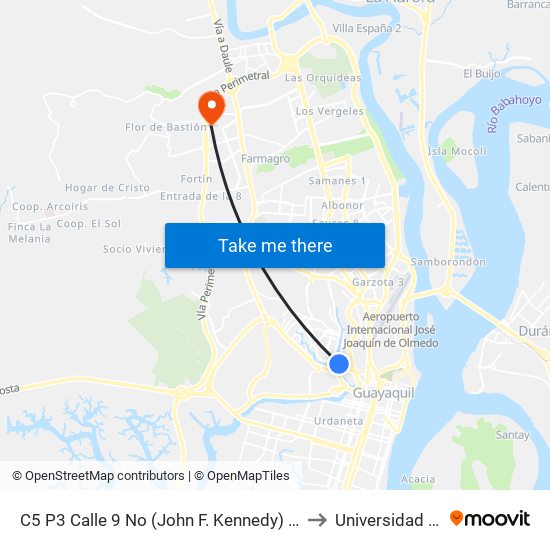 C5 P3 Calle 9 No (John F. Kennedy) Y Av. 12 No (Francisco Boloña) to Universidad De Guayaquil map