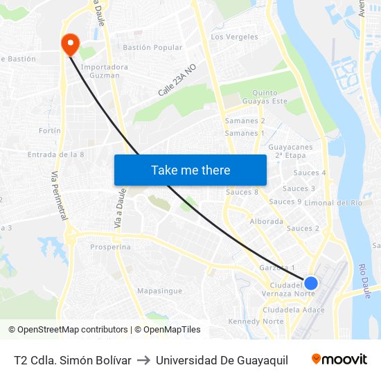 T2 Cdla. Simón Bolívar to Universidad De Guayaquil map