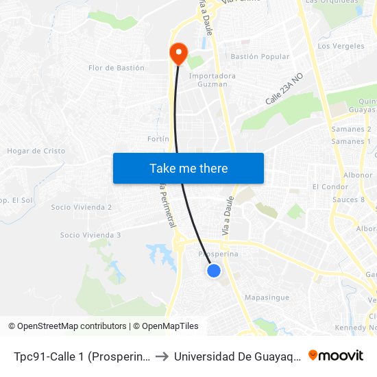 Tpc91-Calle 1 (Prosperina) to Universidad De Guayaquil map