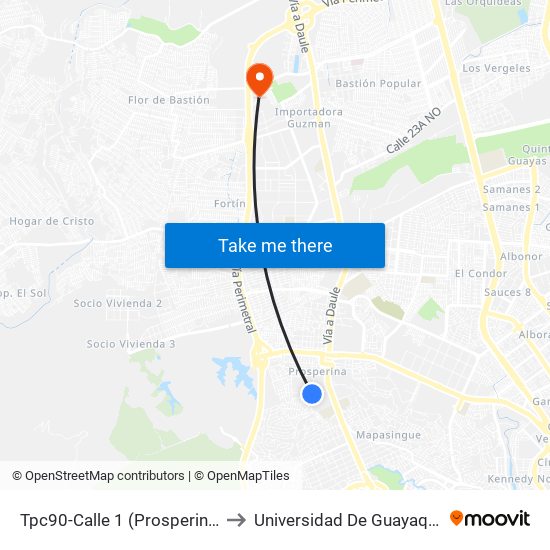 Tpc90-Calle 1 (Prosperina) to Universidad De Guayaquil map